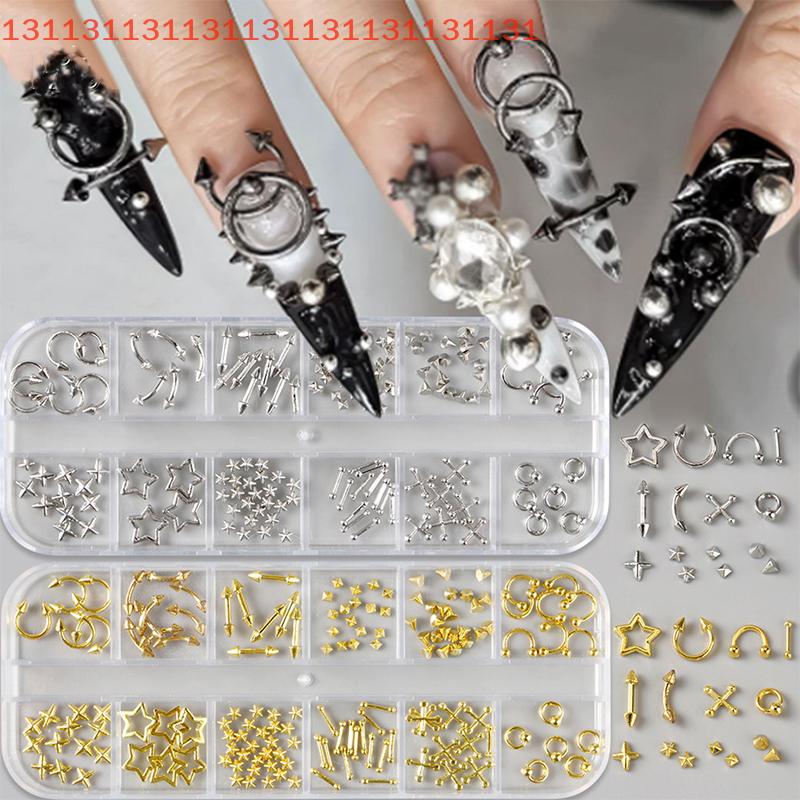 DIY Glamour Nail Decoration 12 Grids Gothic Punk Retro Metal Nail Jewellery 3D Gold Silver Nail Rhinestone Accessories