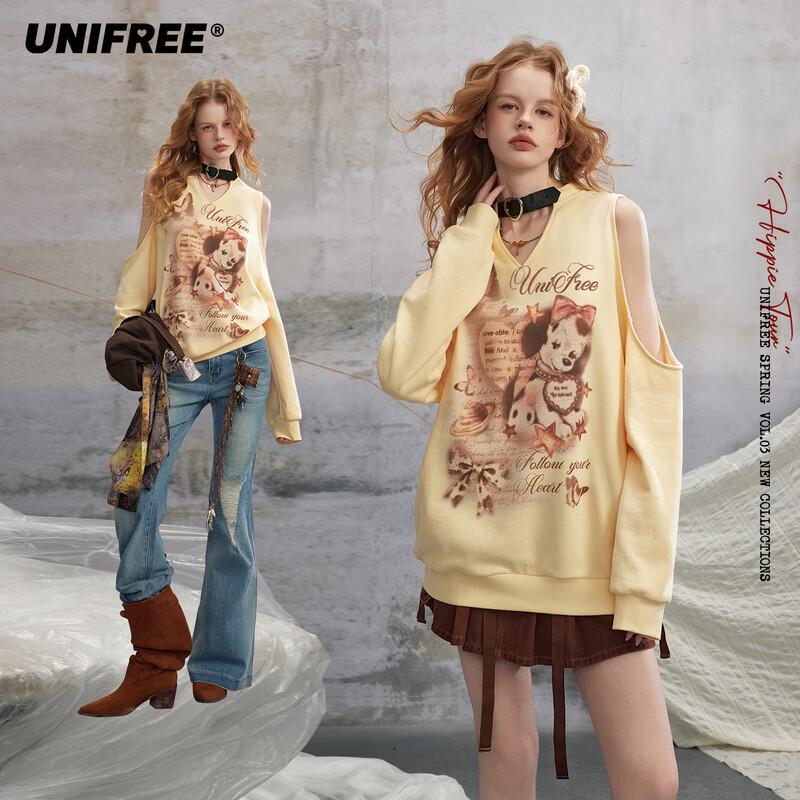 UNIFREE American Retro Puppy Print Off-Shoulder V-Neck Sweatshirt S