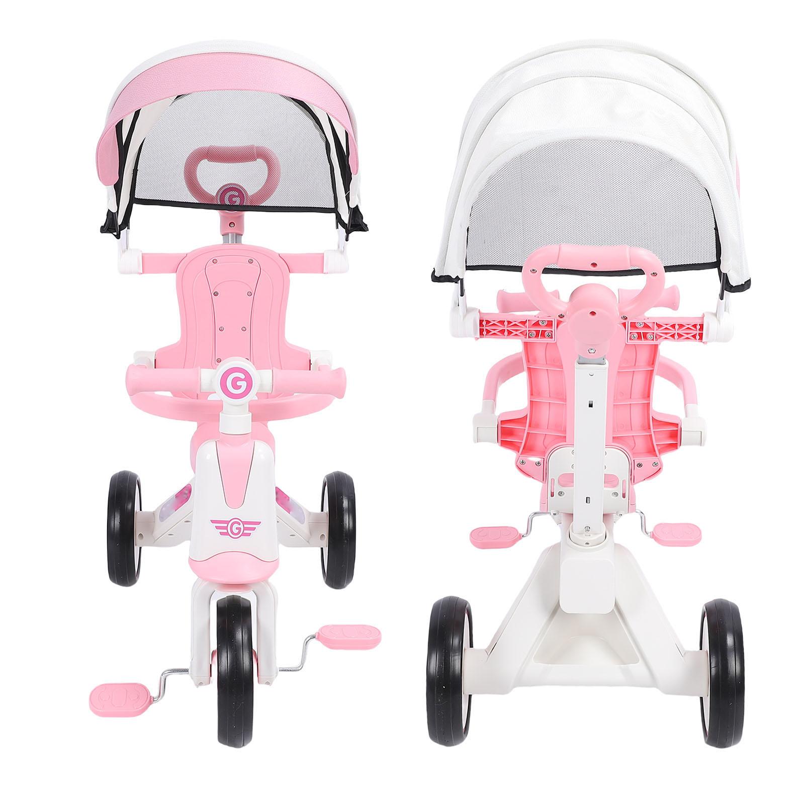 

Детский трехколесный велосипед с регулируемой родительской ручкой для толкания, музыкой, подсветкой, складным козырьком, трехколесный велосипед для малышей и детей от 18 месяцев до 5 лет розовый