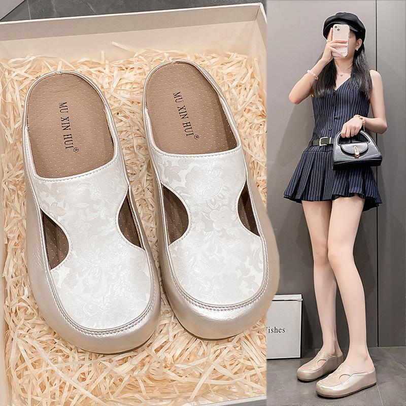 Small person, super high heel, hollow bag head, half slippers, women's summer wear muffin, thick sole to increase height, cool slippers, lazy shoes