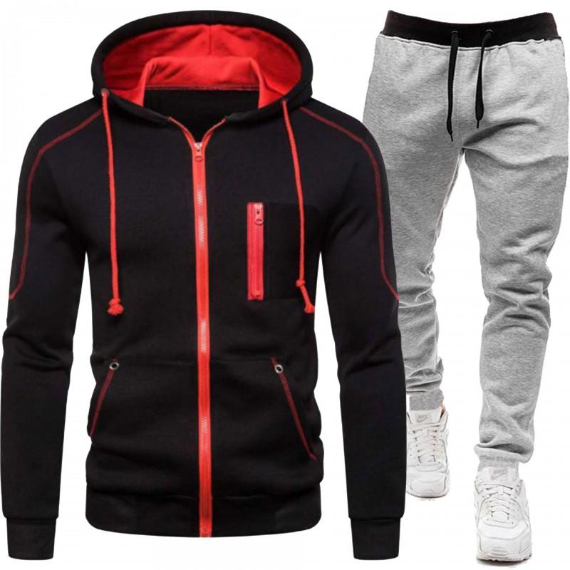 Mens Hooded Sweatshirt Set Casual Two-Piece Outfit Loose Fit Fleece-Lined Winter Sportswear
