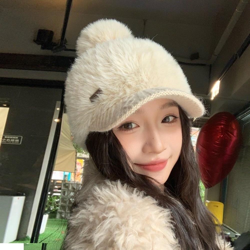 Solid Color Rabbit Fur Texture Hat Polyester Peaked Cap Warm Ear Flap Hat Girls