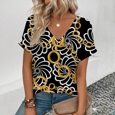 Damen V-Ausschnitt Kurzarm T-Shirt Kleidung Lose Übergröße Frau Sommer Lüften T-Shirt Pullover Fashions Printed Top 2024 Neu