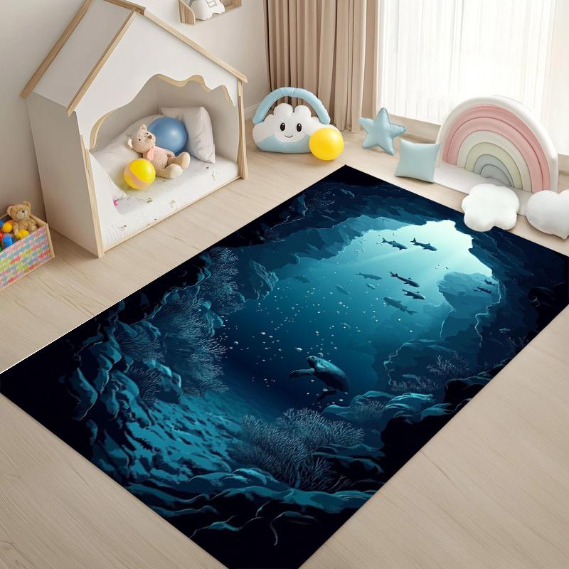 2D Illusion Seabed Underwater World Dolphin Shark Area Rug,Carpet Rug for Living Room Bedroom Sofa Doormat,Non-slip Floor Mat