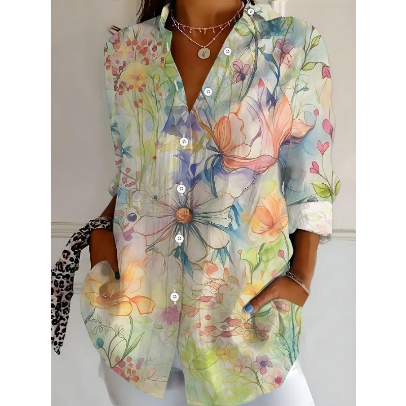 Women's Long Sleeve Printed Blouse Shirt Abstract Floral Print Polyester
