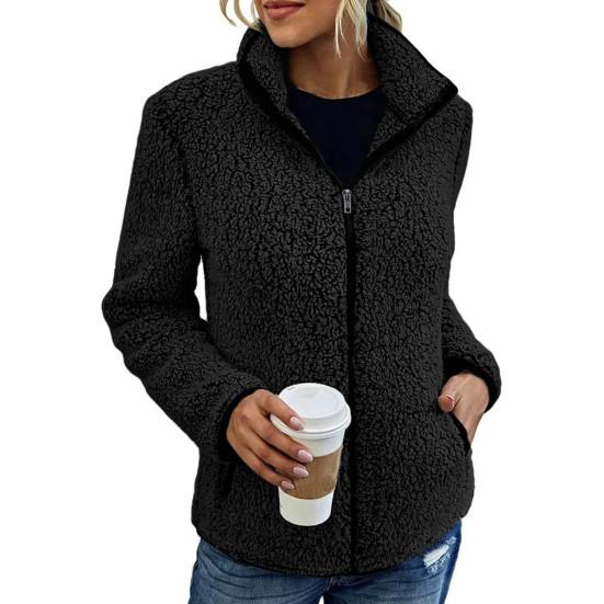 Stand Collar Long Sleeves Pockets Zipper Closure Fluffy Coat Women Autumn Winter