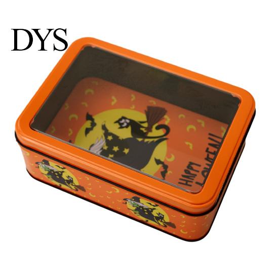 Seasonal Kitchen Storage Halloween Tin Box with Clear Lid, Witch Pumpkin Ghost Candy Window Metal Cases Container for Cookies Snacks, Festive