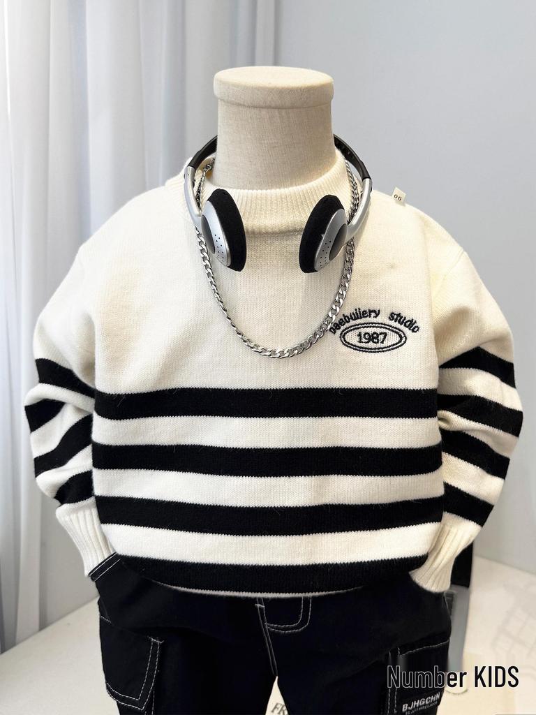 Striped Knit Sweater for Boys - Cozy Autumn/Winter 2025 Korean Style Pullover