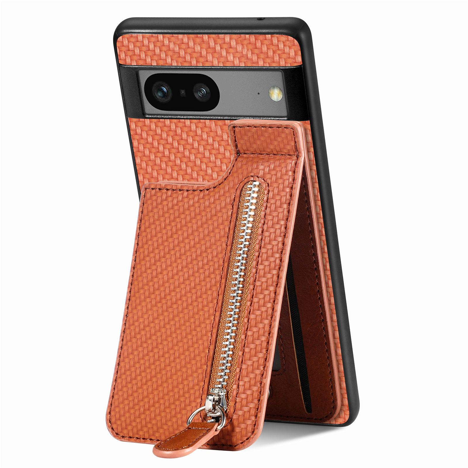 

Zipper Wallet Cards Solt Case for Google Pixel 7 7 Pro 7A 6 6Pro 6A Coin Purse Carbon Fibre Pocket Cover Car Holder Magnet Funda Google Pixel 6A коричневий