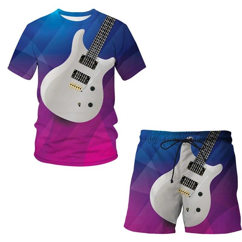 

Новые модные мужские 3D футболки, комплект с 3D принтом, музыкальный инструмент, гитара, одежда, мужские уличные повседневные шорты с короткими рукавами, 2 предмета L