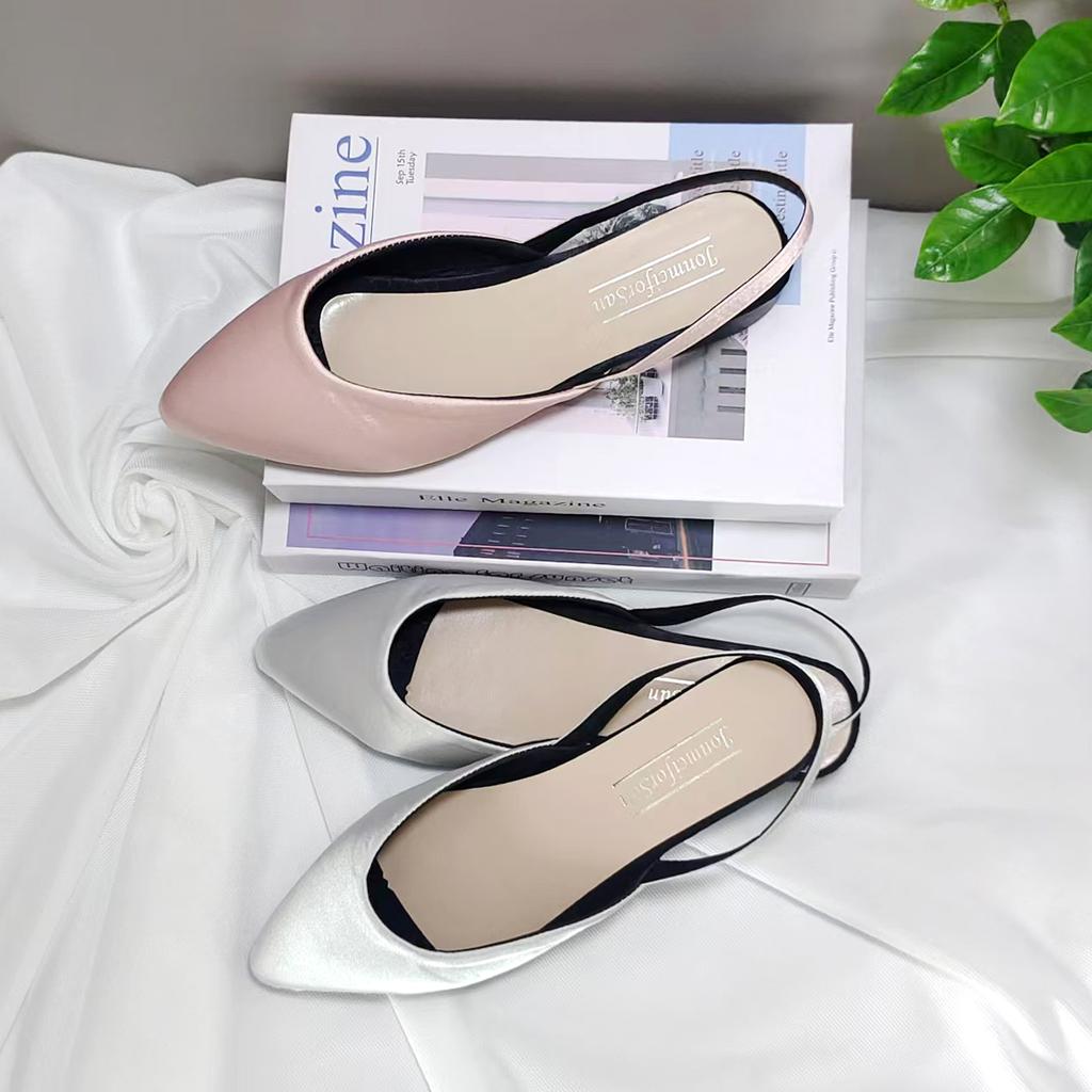 Fashion Autumn New Baotou Sandals Women's Pointed Toe Shallow Mouth Satin Soft Sole Non-slip Wear-resistant Low Heel Shoes