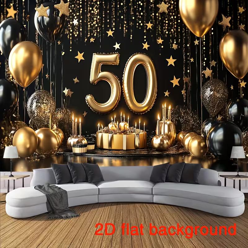 2D 50th Birthday Party Backdrop Banner, Black Gold Theme for Indoor & Outdoor Decoration