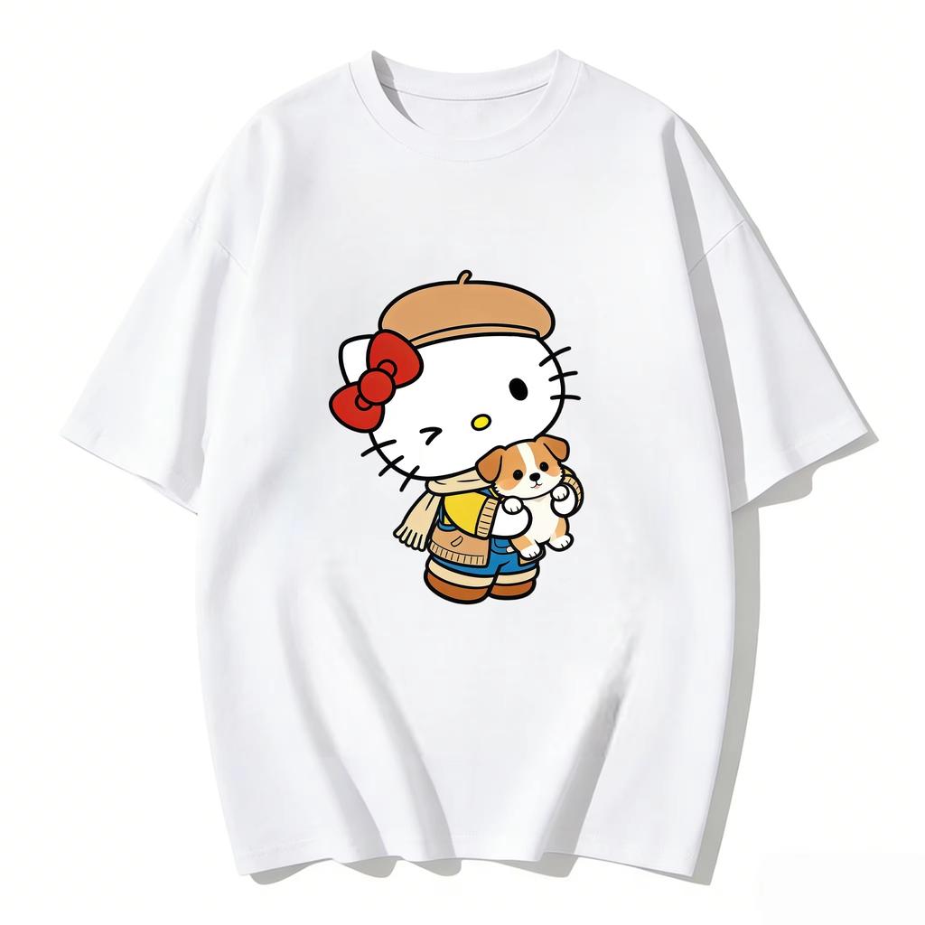 2026 new Summer HelloKitty Cute Graphic Tee Casual Short Sleeve Cotton Top for Women Girls Kawaii Cartoon Print Streetwear