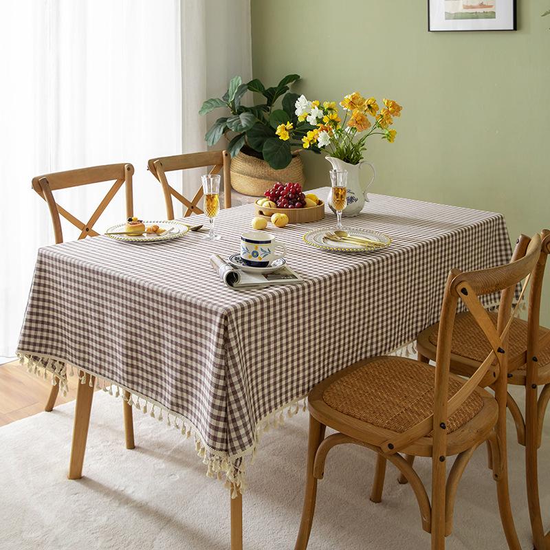 Linen Cotton Check Fringe Tablecloth Simple Rectangular Dining Table Cover
