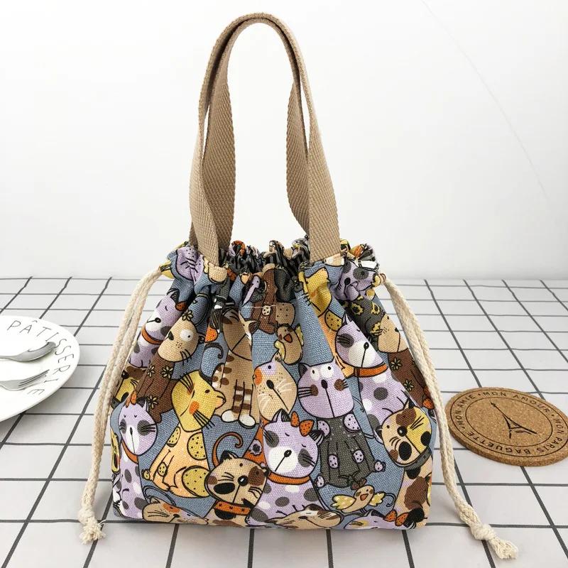 Japanese Cute Bento Bag Handheld Canvas Bag Cartoon Portable Drawstring Cutlery Storage Drawstring Bags for Two Lunch Boxes