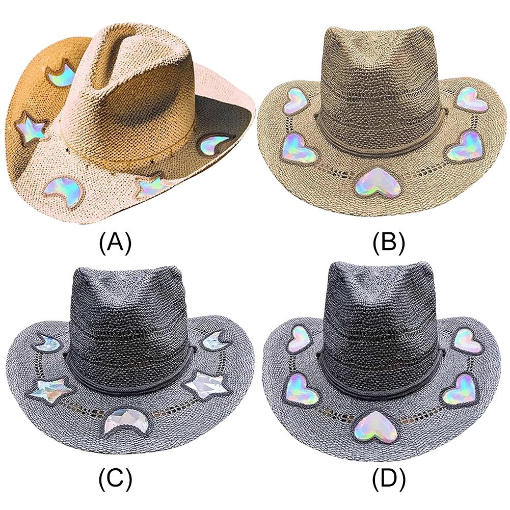 Straw Western Cowboy Hats for Women Girls Star/Moon Shapeable Cowgirl Hat Summer Outdoor Beach Sun Hat Vintage Jazz Hat