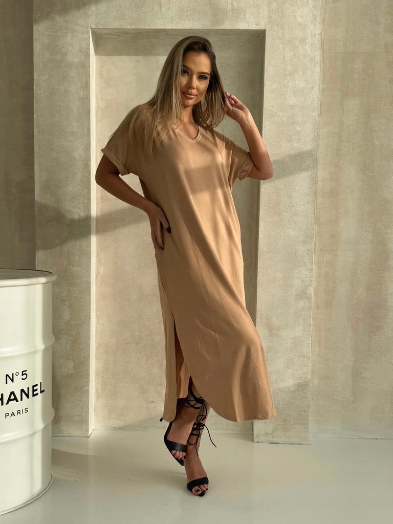 Sukienka damska letnia midi oversize dzianinowa bawełniana beżowy m
