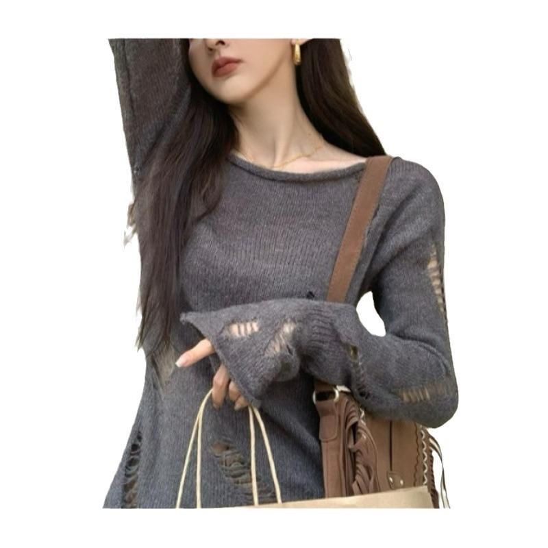 Irregular women's new retro temperament knitted sweater long hollow bottoming top