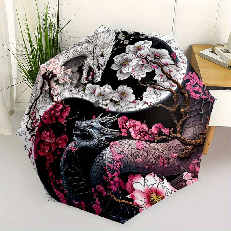 

1pc Yin and Yang White Dragon and Black Dragon Automatic Folding Umbrella - 3 Folding Design, Vivid Cartoon Pattern, Suitable for Outdoor Activit