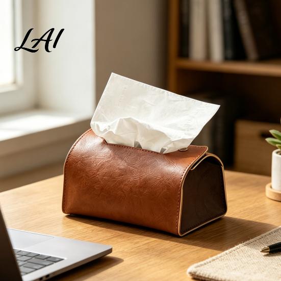 Multipurpose Storage Case PU Leather Tissue Box Foldable Retro Style Holder Dining Room Organizer Decorative Desktop Organizer for Office Desk Home