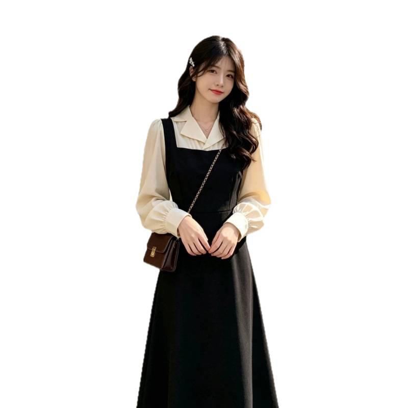 Autumn wear new long-sleeved dress women's splicing fake two simple schoolgirl French niche skirt