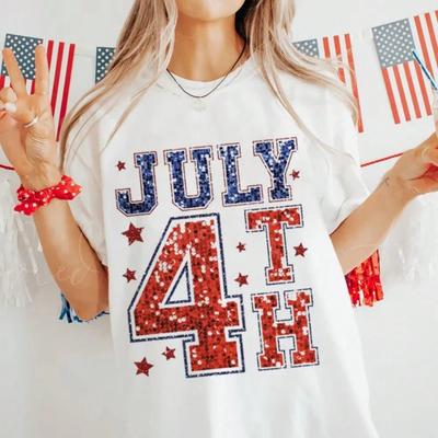 Print Tops Tees Faux Sequins USA 4th Of July Female Ladies Summer Fashion Lady Tshirt Clothes Short Sleeve Graphic T-Shirt