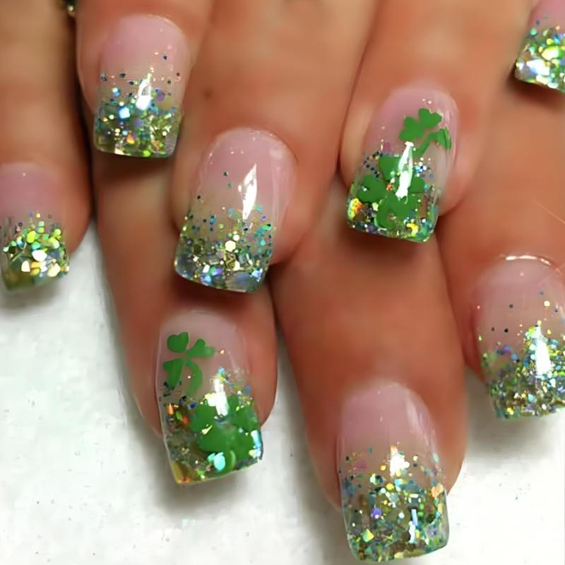 

St. Patrick s 2025 Green French Glitter Clover Press-On Nails - 24 Short Glossy Square Pieces