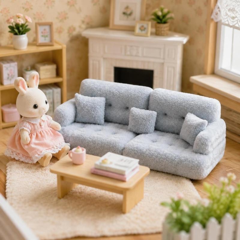 Miniature Sofa Model Figurine for Doll House Scene Display Room Styling with Flocking Texture, Model House Decoration and Pretend Play Use