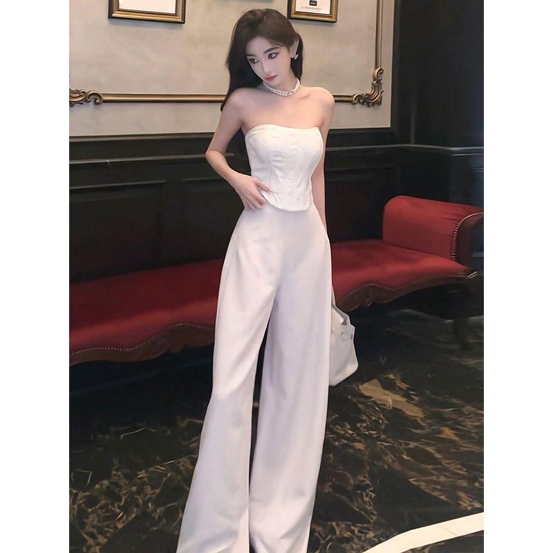 

Nanni Naioumi Spring and Summer Suit Women s Sexy Tube Top Tops Casual Mop Suit Loose Pants Two-piece Set White Two-piece set S