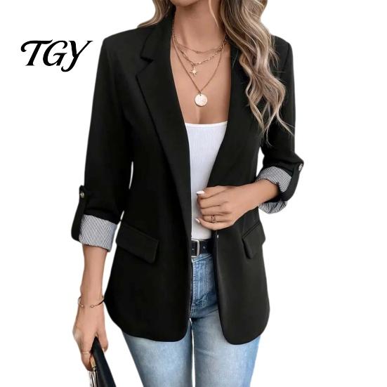 3/4 Sleeve Women Blazer Lapel Collar Blazer, Open Front Business Comfortable with Pockets Casual Suit Jacket, Office Work Short Button Jacket