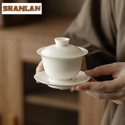 Gaiwan en Porcelaine Blanche Jade Graisse de Mouton Esthétique Tureen à Thé Bol à Thé Avec Couvercle Kit Couvercle Bol Cafetière Théière Ensemble de Thé Kung Fu Collection