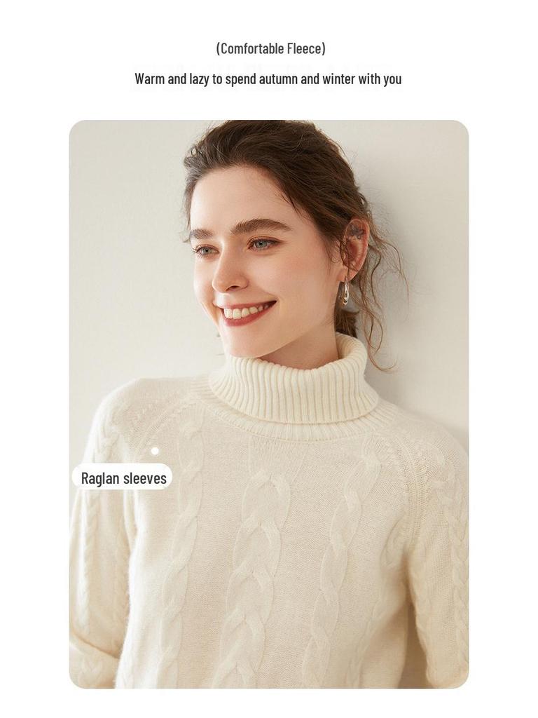 Women's Double-Strand Thick Cable Knit Cashmere Sweater - Long-Sleeved, Mid-Length, Autumn/Winter High-End Base Shirt