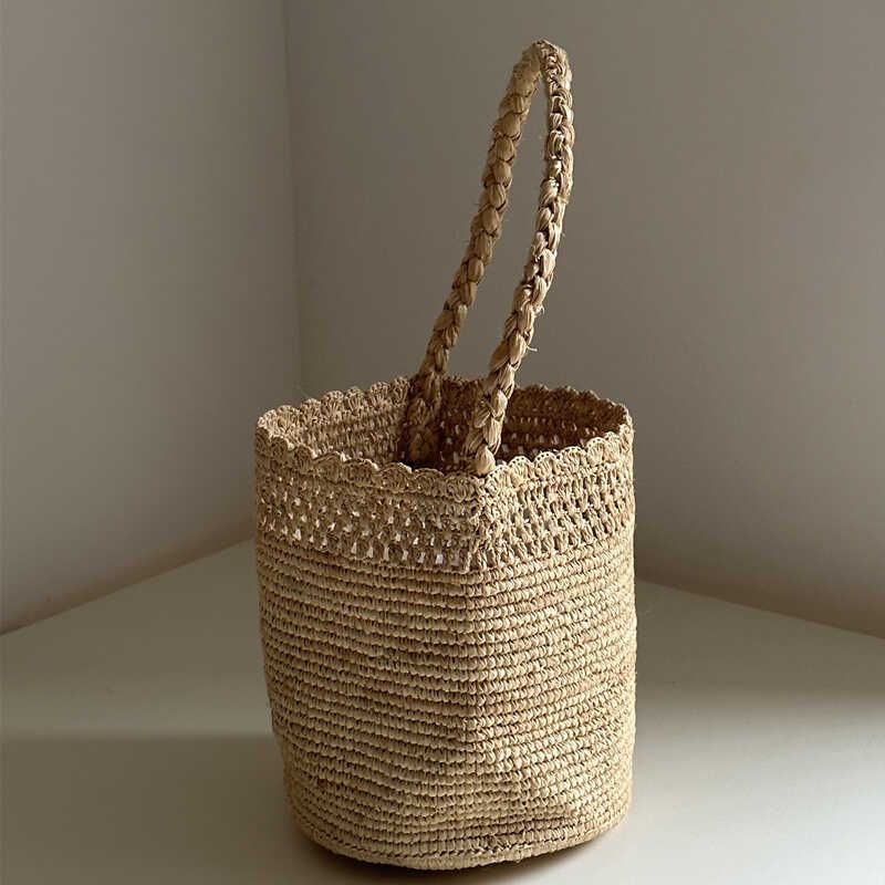 

Женская одежда во французском стиле Летняя плетеная из рафии маленькая сумка-ведро Соломенная сумка Пляжная сумка Переносная корзина Nature Grass
