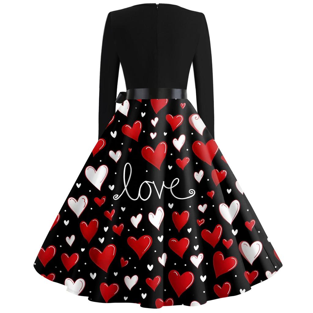 Print Flare Dress For Women Long Sleeve Dress Hollow Party Casual Dresses