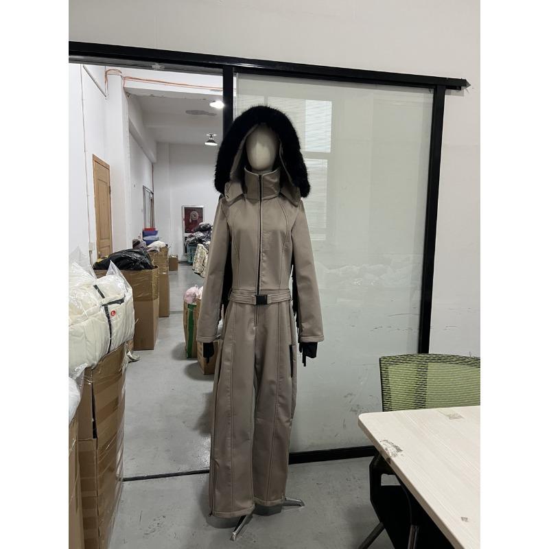 Thicken One-piece Ski Suit Women Faux Fur Hooded Tassels Coat High Waist Belt Jumpsuit Winter Windproof Waterproof