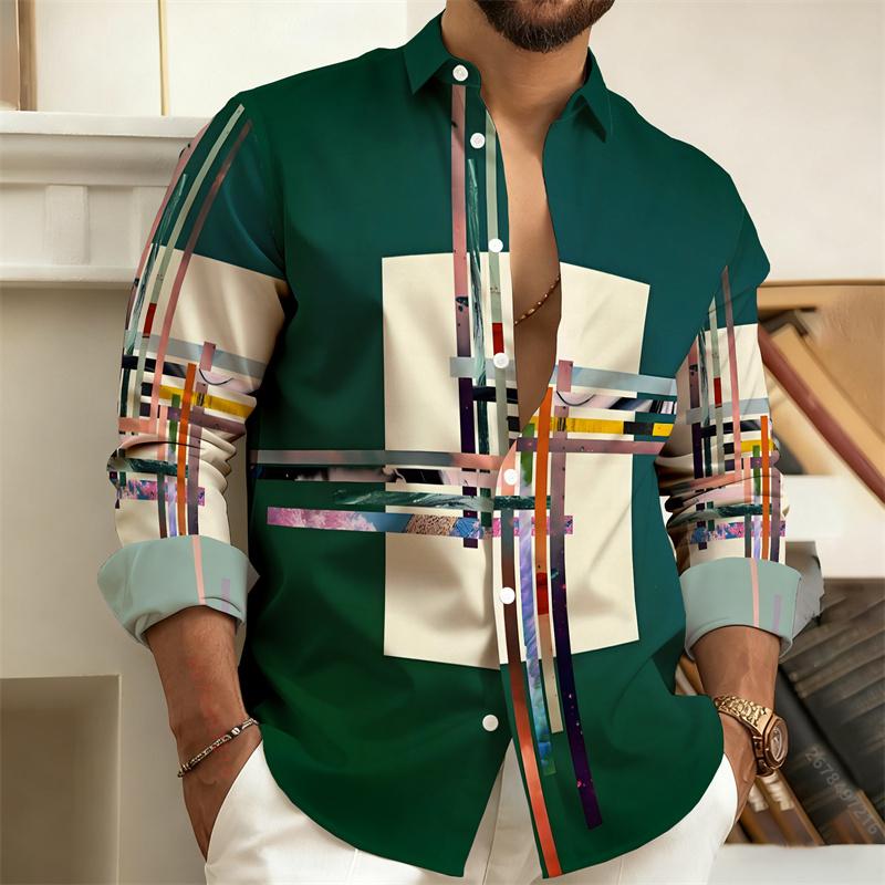Men's Color-Block Geometric Stripe Long-Sleeve Shirt, Business Casual Dress Shirt, Slim-Fit Men's Fashion Top,