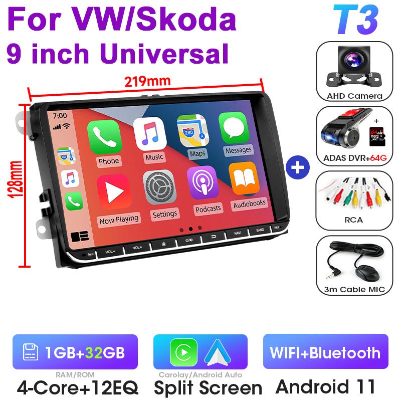 9 Inch Car Radio Android 12 For VW Volkswagen Skoda Octavia Golf Passat B6 B7 Polo Jetta Tiguan Touran 2 Din Autoradio Carplay