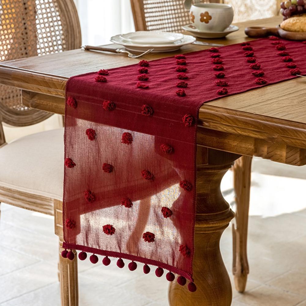 Gauze Lace Table Runner with 3D Pom-poms Table Linen INS Style Dining Table Cloth  Party 13.78x47.24 in красный