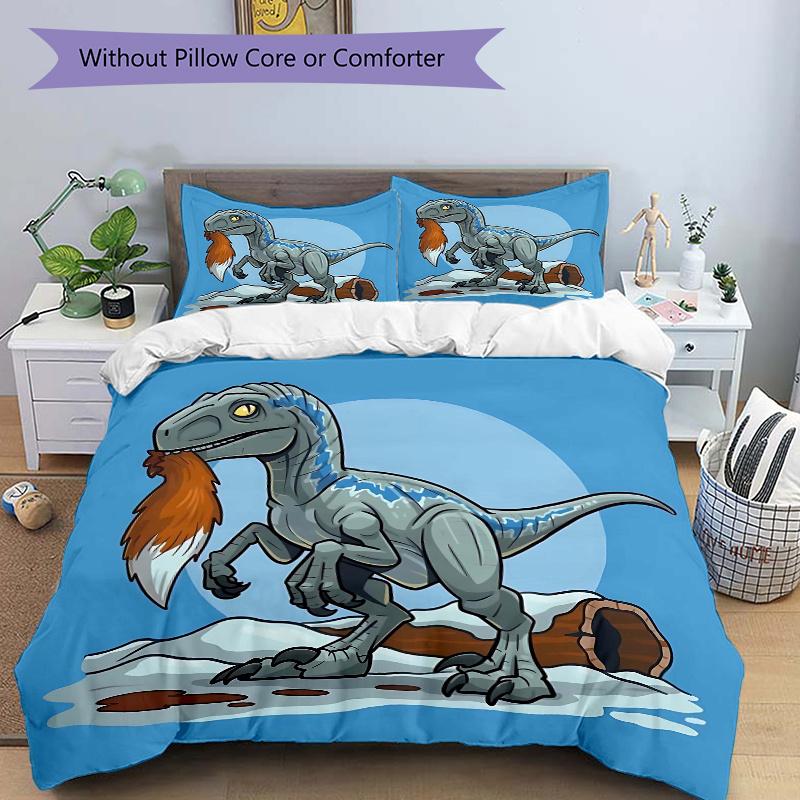 

3pcs Blue Velociraptor Quilt Cover Set (1 Quilt Cover + 2 Pillowcases Without Pillow Core), High-Definition Printing for Home and Dormitory.W014 135x200cm