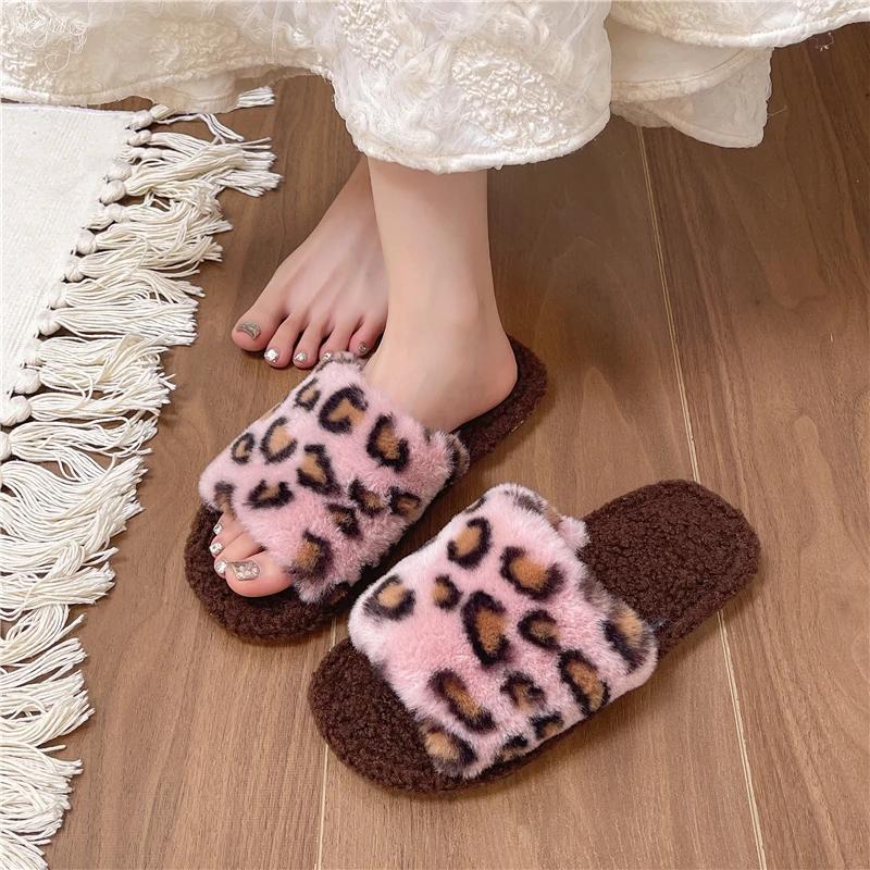 Mode Höst Vinter Leopardtryck Päfflor Dam Plysch Päls Tofflor Flip Flops Inomhus Varma Halkfria Öppen Tå Utomhus Pälsiga Luddiga