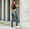 Damenjeans mit Streetstyle-Strasssteinen, dehnbar, schmal geschnitten, besticktes Totenkopf-Design, gerade Hosenbeine