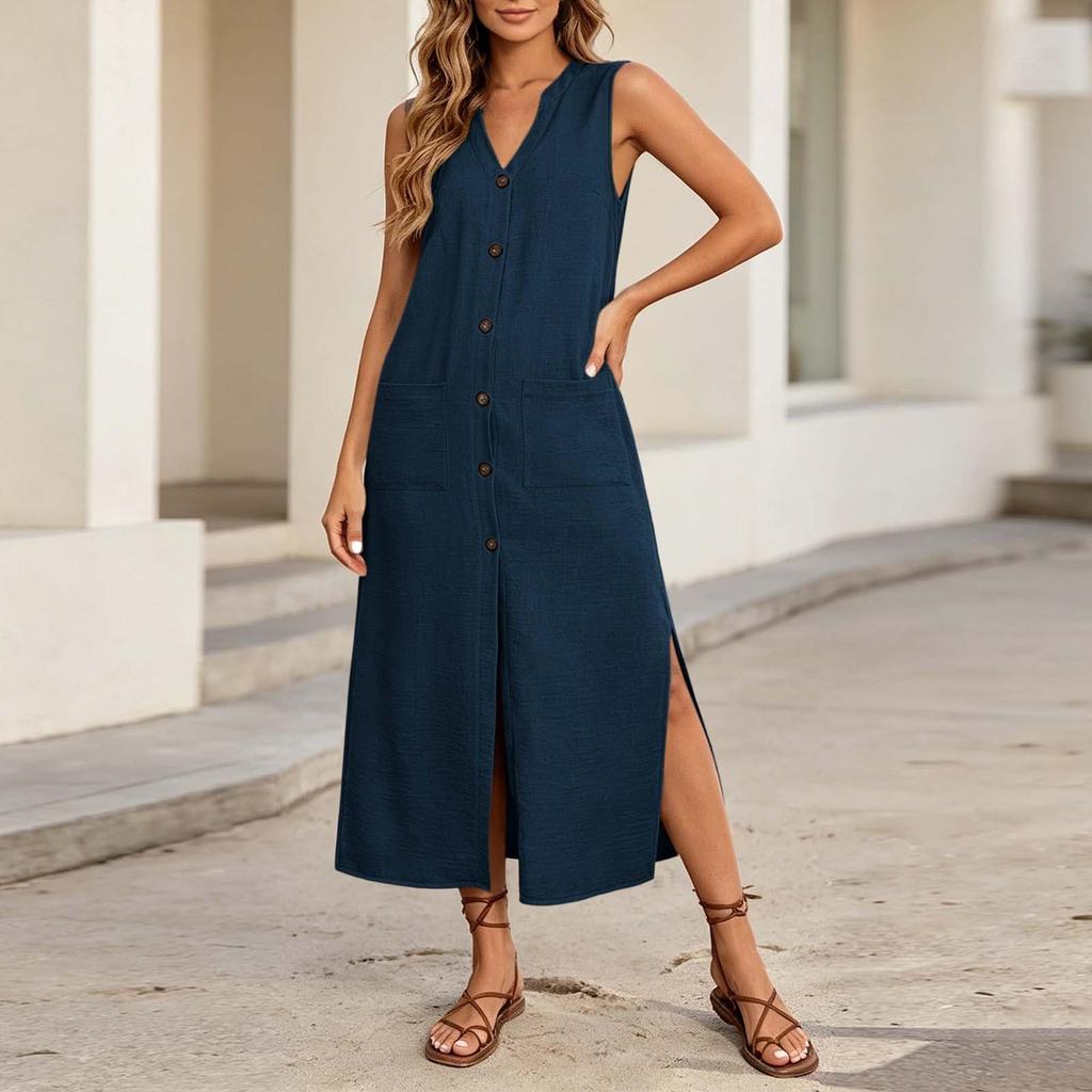 Sleeveless Button Front V Neck Long Casual Dress with Side Slits and Patch Pockets for Women Summer Everyday Wear