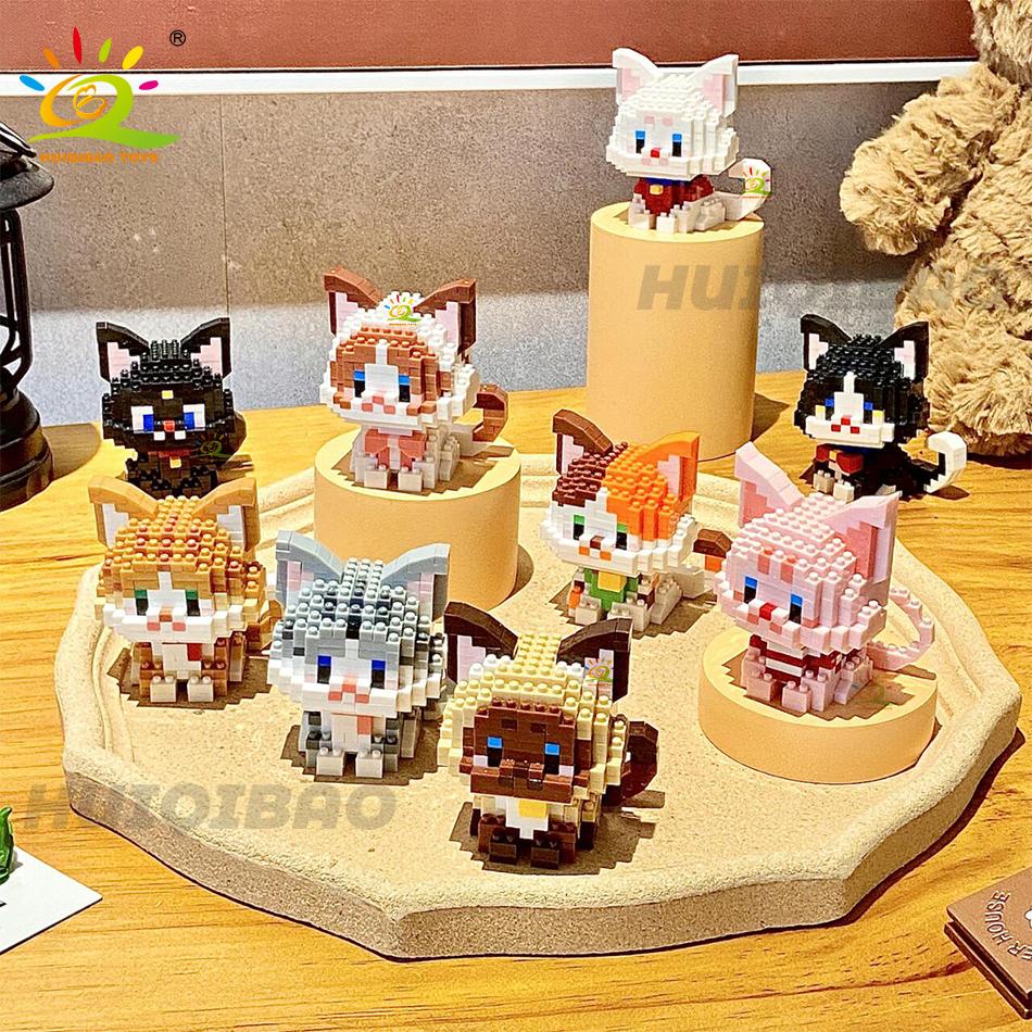 HUIQIBAO Cute Cat Micro Model Building Block Kids Mini Pets City Cartoon Animal Diamond Bricks Educational Toys Children Gift