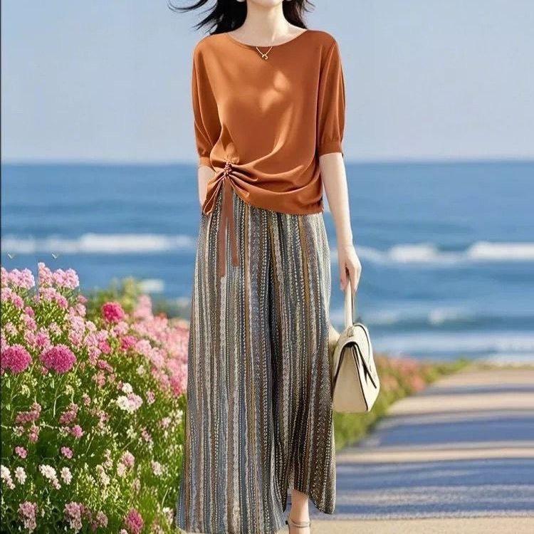 

Bohemian Wide-Leg Pantsuit: Women s Summer 2025 High-End Fashion Age-Reducing Two-Piece Set XXXL [145-160 lbs]