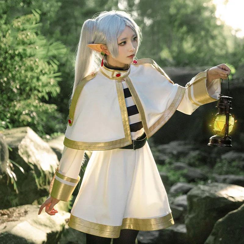 Anime Frieren alla cerimonia funebre Frieren Costume Cosplay Vestito di Carnevale Cappotto Gonna Cintura Orecchini Completi Per Donne Halloween