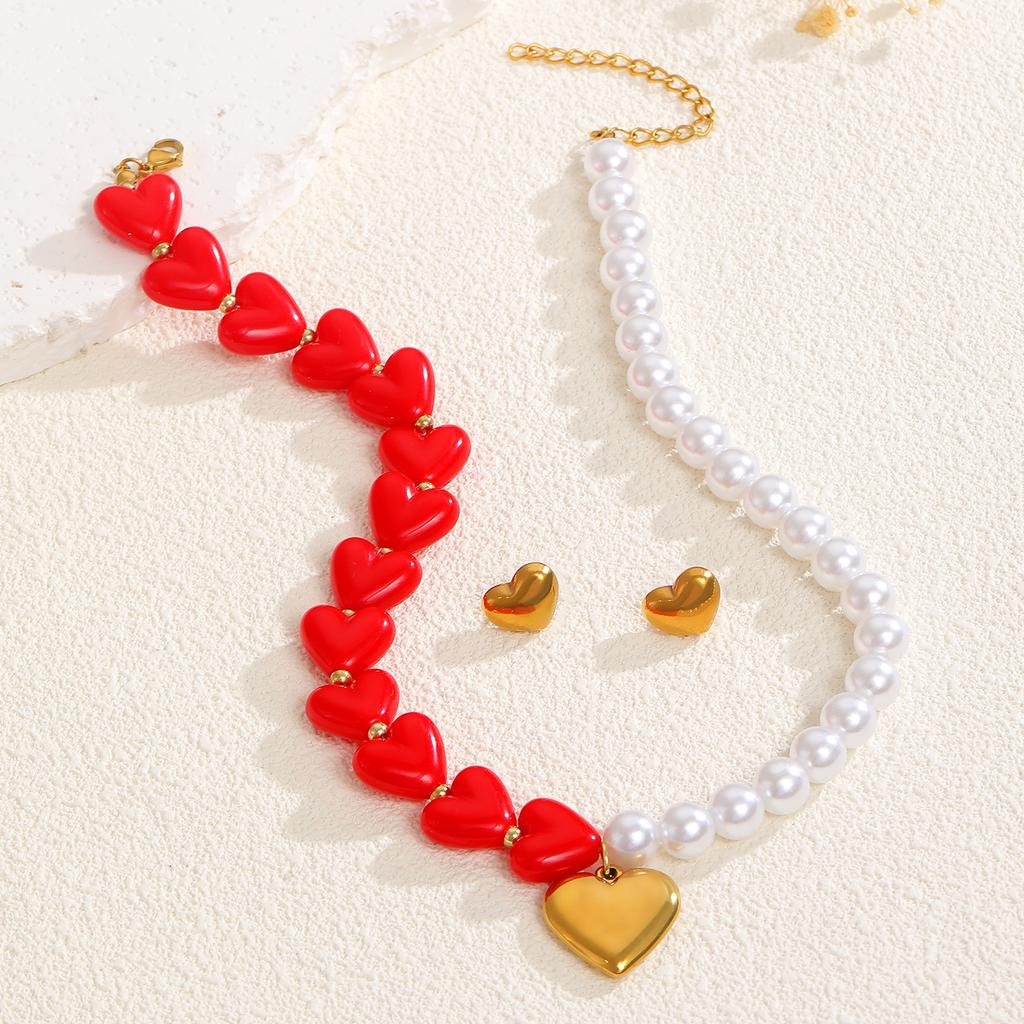 High quality 18K real gold stainless steel love stud earrings pendant necklace imitation pearl personalized color matching necklace earrings set