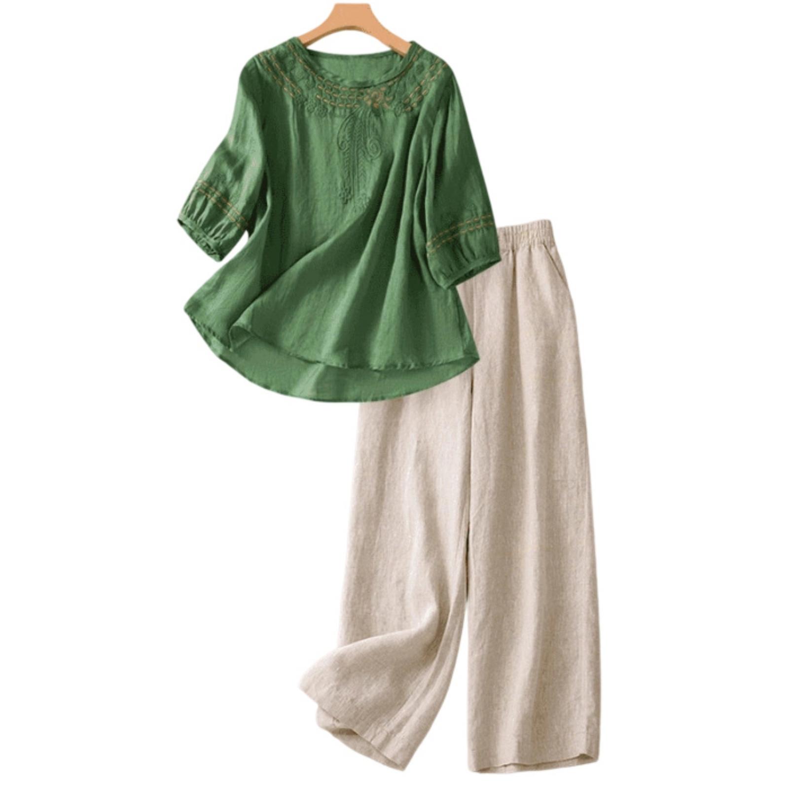 

Women’s Two Piece Cotton Linen Set Loose Fit Blouse and Wide Leg Pants Casual Vintage Style Outfit for Daily Wear XL-4