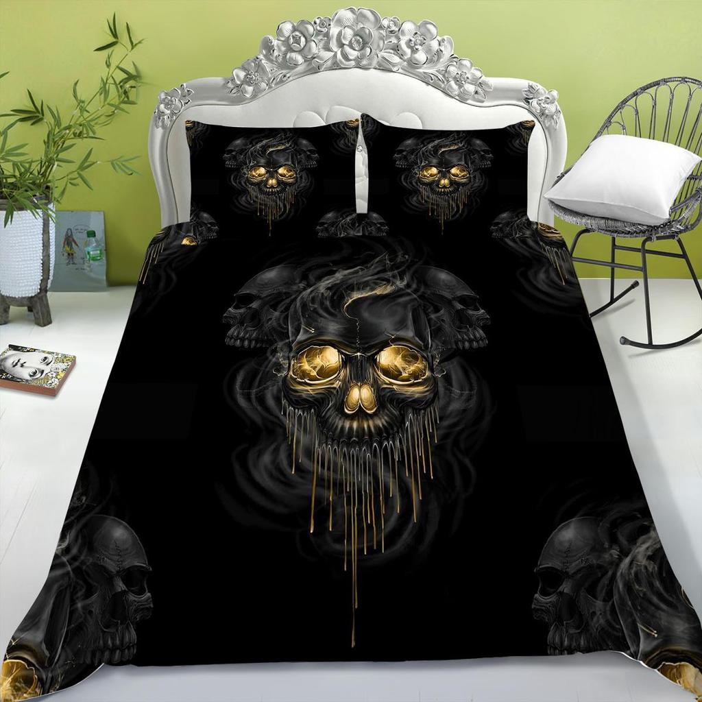 Bedding Set New Bed Cover 3D Skull Head Scary Print Family Bedroom Full Size Quilt Cover and Pillowcase Microfiber