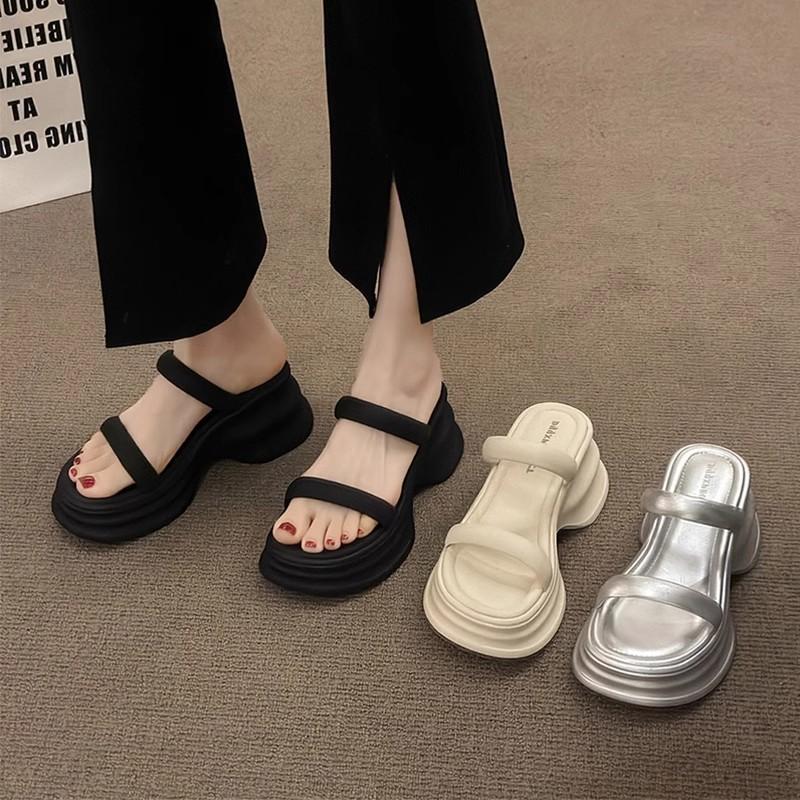High-heeled slippers women's summer outer wear 2025 new summer high-end small thick-bottomed beach with skirt cool slippers
