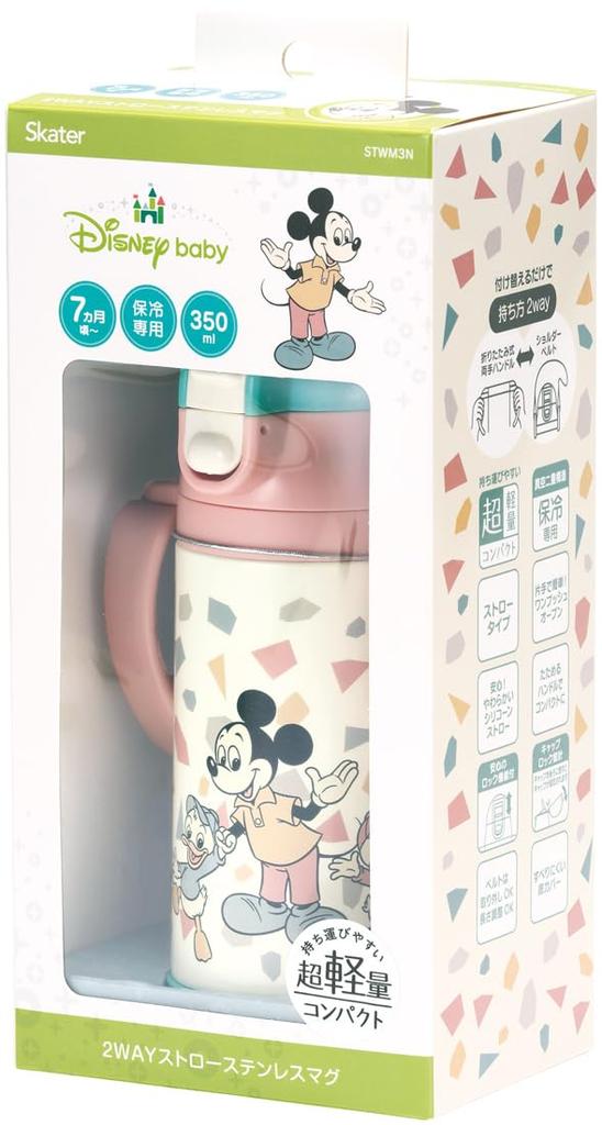 Skater Stainless Steel Water Bottle with Baby Disney Mickey Mouse and Friends Retro 350ml (STWM3N-A) Double-Handled Straw, Mug, Design,